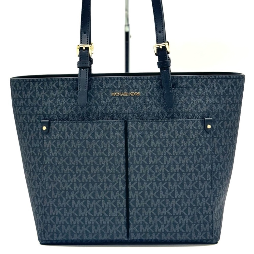 Michael Kors Jet Set Medium Pocket Tote Bag Black Signature - Picture 2 of 10